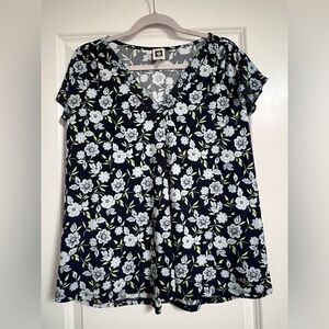 Anne Klein Navy Floral V-Neck Blouse with Light Blue Flowers